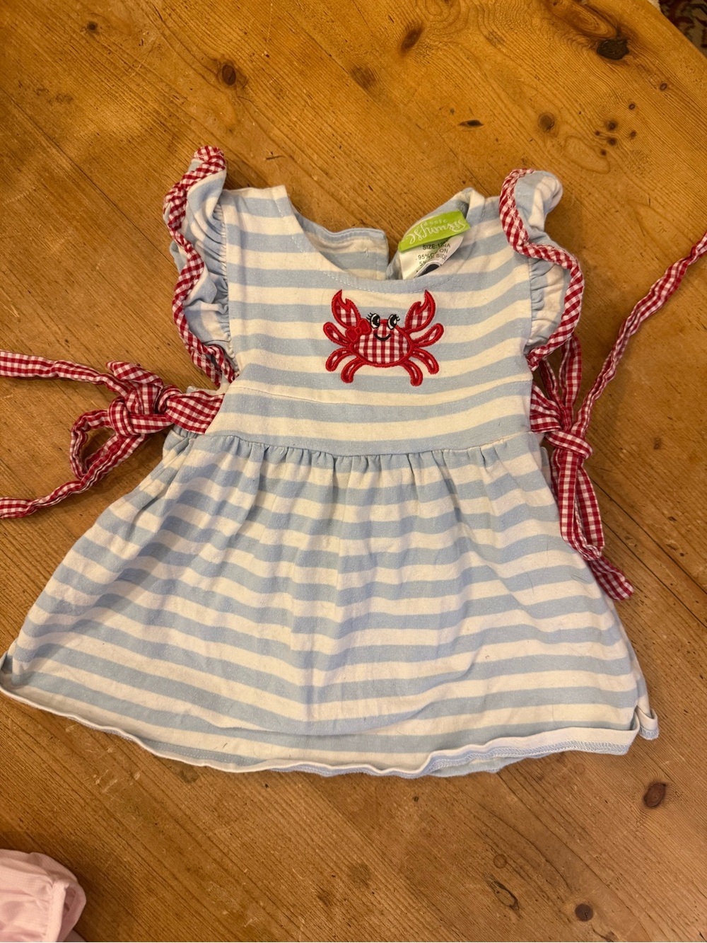 Striped Light Blue & White Crab Appliqué Dress with Red Gingham Ties